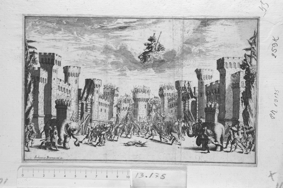Scena mitologica: assalto ad una città con guerrieri ed elefanti (stampa) di Kuesel Melchior (sec. XVII)