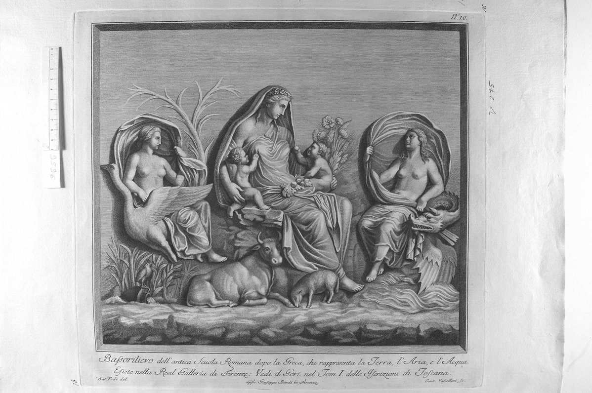 Terra, Aria., Acqua (scultura romana) (stampa) di Vascellini Gaetano (sec. XVIII)
