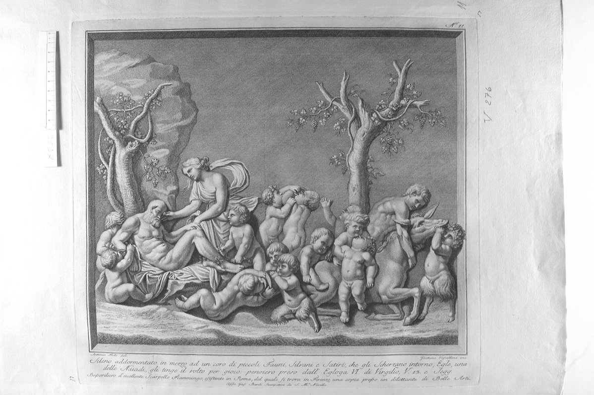 Sileno addormentato con fauni e satiretti (scultura fiamminga) (stampa) di Vascellini Gaetano (sec. XVIII)
