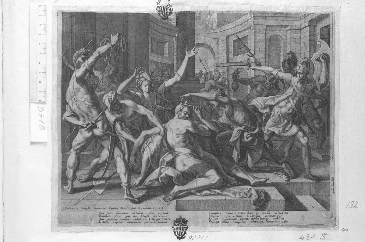 Dalila che tradisce Sansone tagliandosi i capelli (stampa) di Sadeler Raphael (sec. XVII)