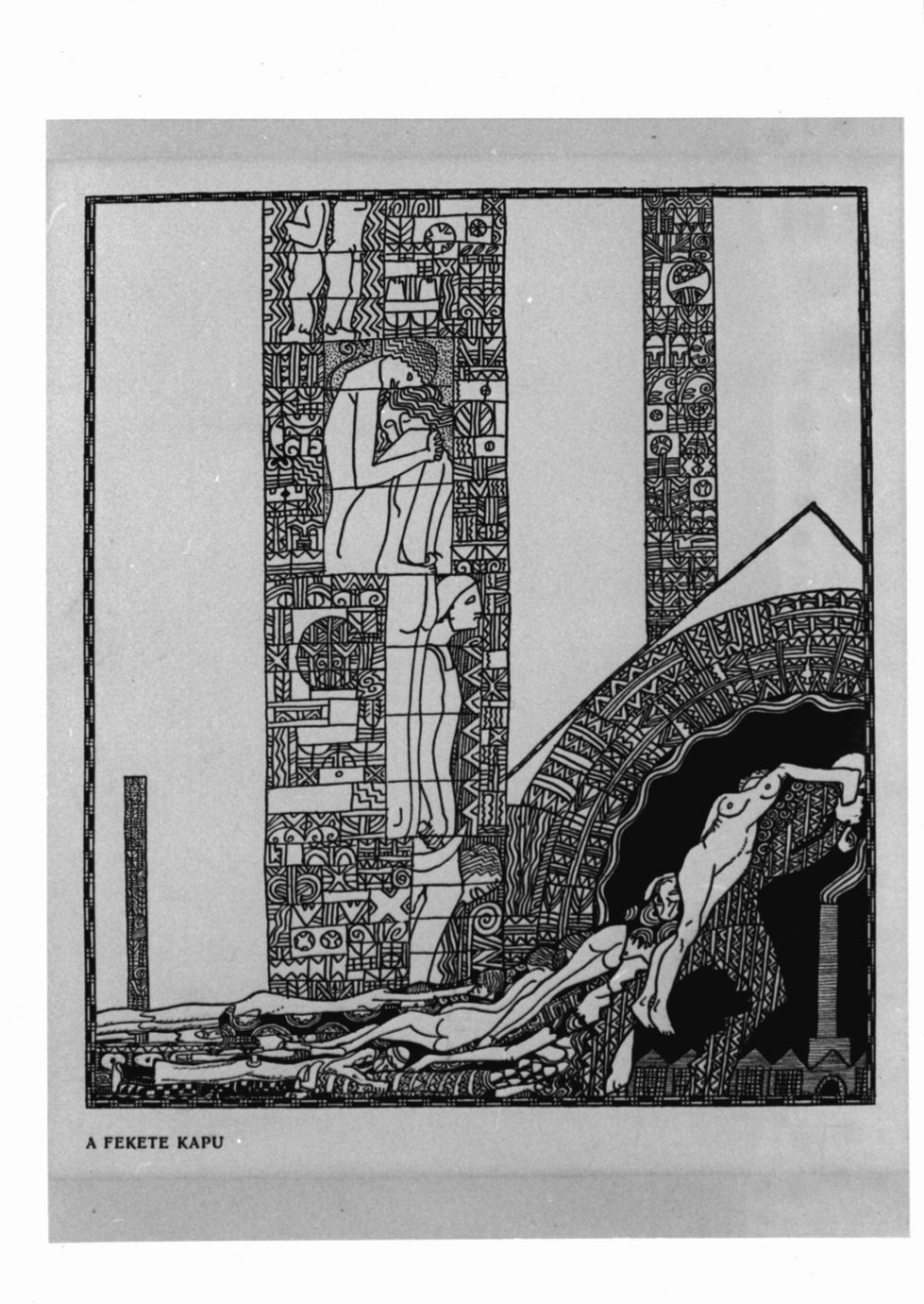 Figura trascinante corpi in antro nero su sfondo di caseggiati con ciminiere (stampa) di Kosma Lajos (sec. XX)