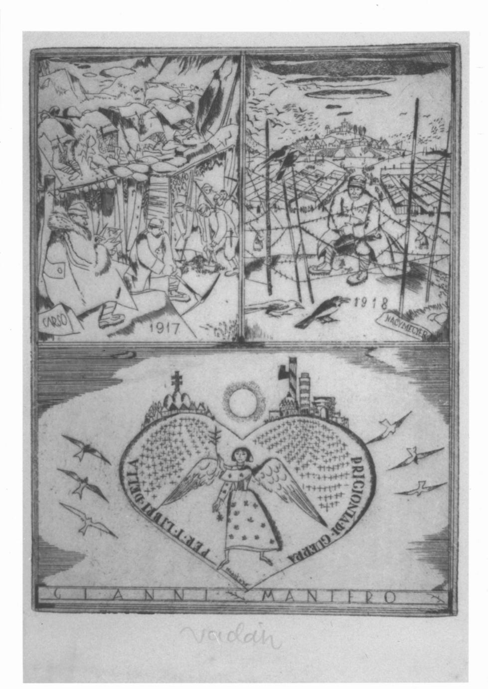 Ex libris con scene di prigionia, cuore con angelo e veduta di città (stampa) di Vadász Endre (sec. XX)