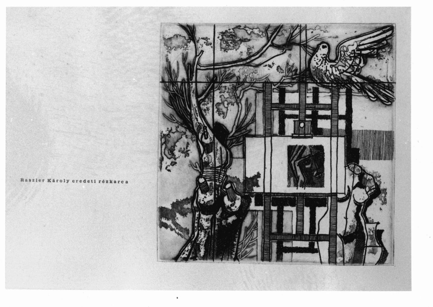 Cavalletto con dipinto, alberi, manichino, uccello (stampa) di Raszel Károly (sec. XX)