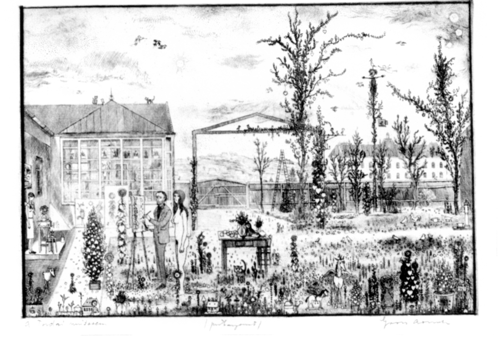 Pittore al cavalletto e modella in giardino con piante, animali, giocattolli, figure (stampa) di Gross Arnold (sec. XX)