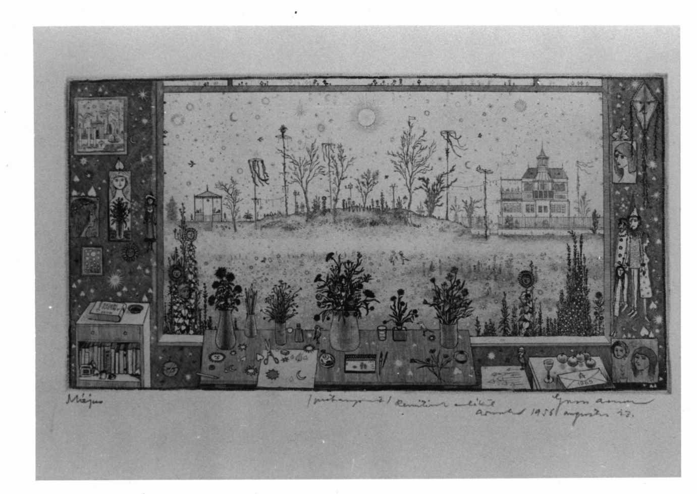 Interno con oggetti, vasi, libri, quadri e finestra aperta su paesaggio (stampa a colori) di Gross Arnold (sec. XX)