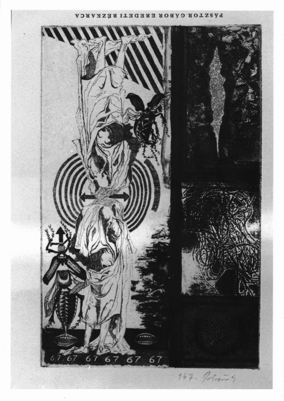 composizione con figure e insetto (stampa) di Pasztor Gabor (sec. XX)