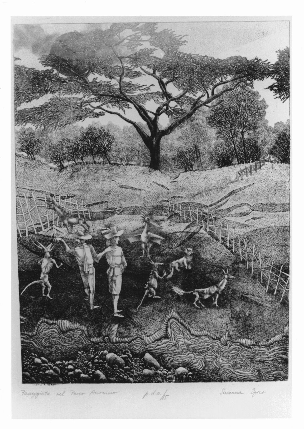 paesaggi con alberi e figure (stampa) di Egresi Zsuzsa (sec. XX)