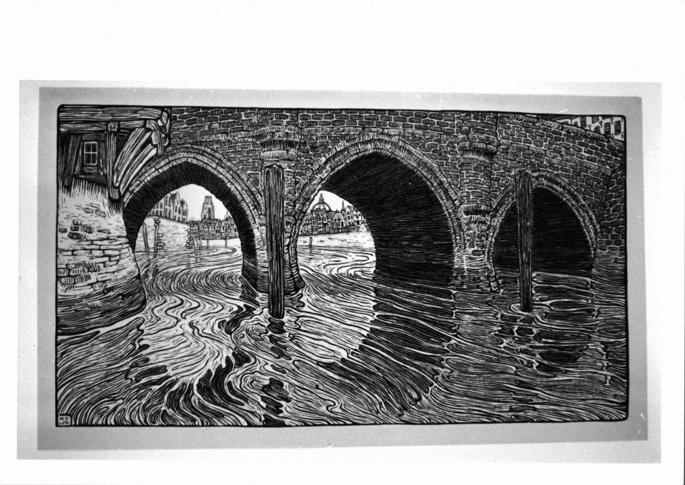 ponte sul fiume e scorcio di città (stampa) di Nieuwenkamp Winand Otto Jan (sec. XX)