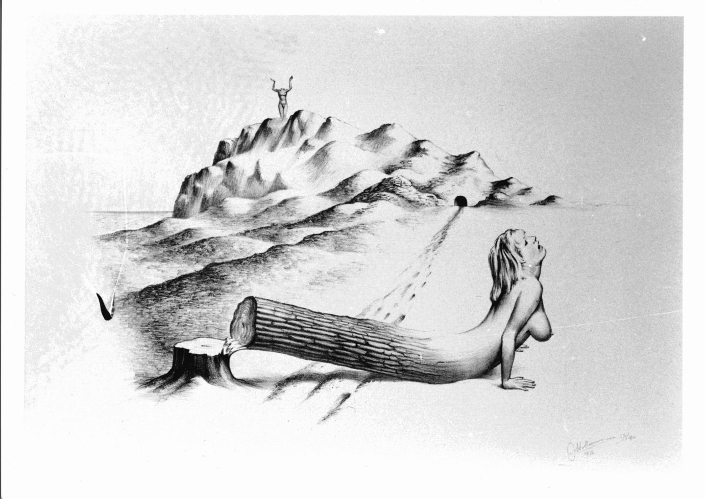 tronco d'albero abbattuto terminante in forma di busto femminile e collina con figura acefala (stampa) di Moesman J. H (sec. XX)