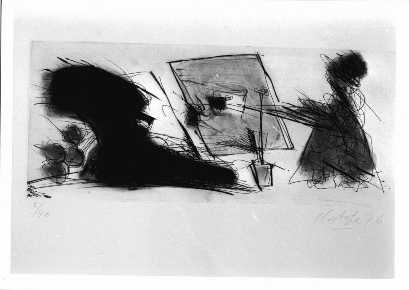 composizione astratta con figura e vanga (stampa a colori) di Lataster Ger (sec. XX)