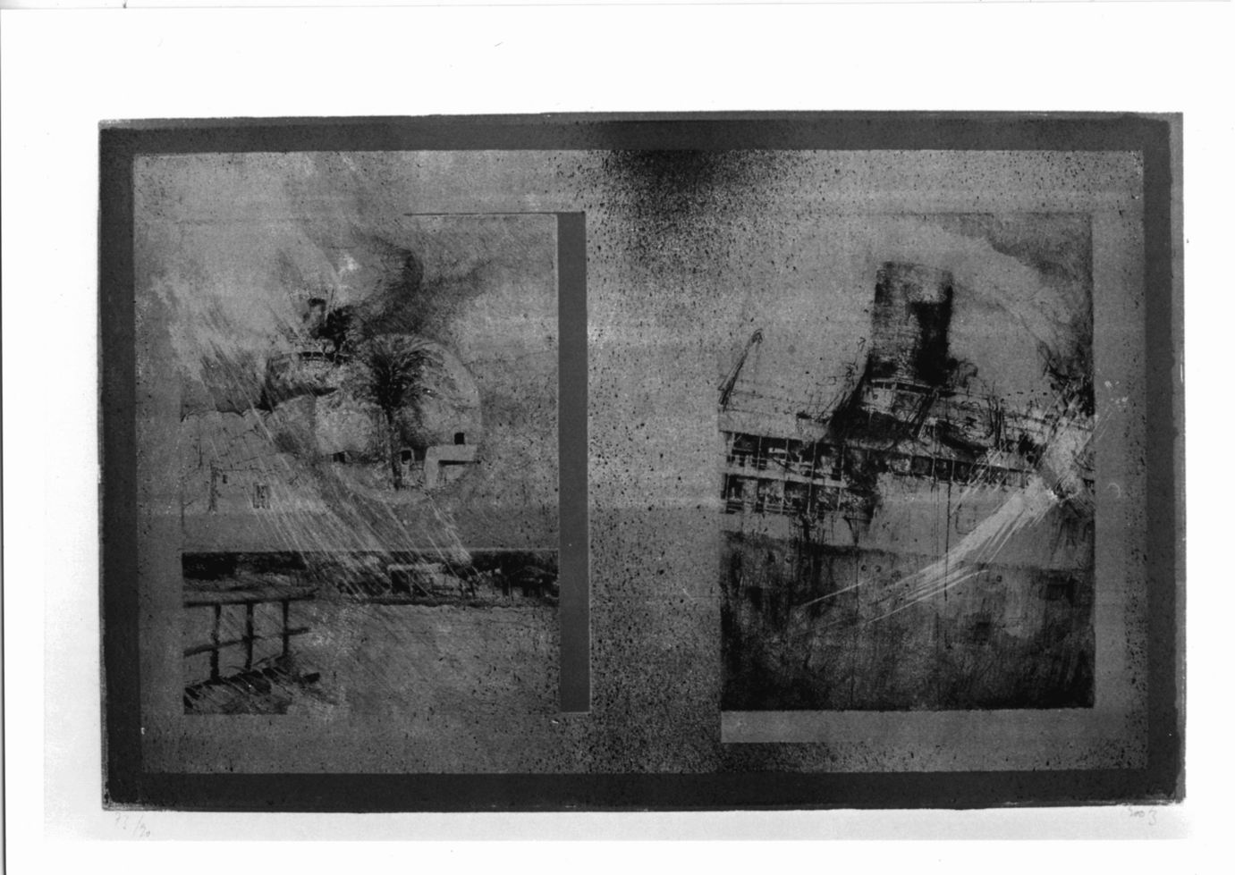 Composizione con transatlantico e paesaggi sovrapposti (stampa a colori) di Bootz Frederic (sec. XX)