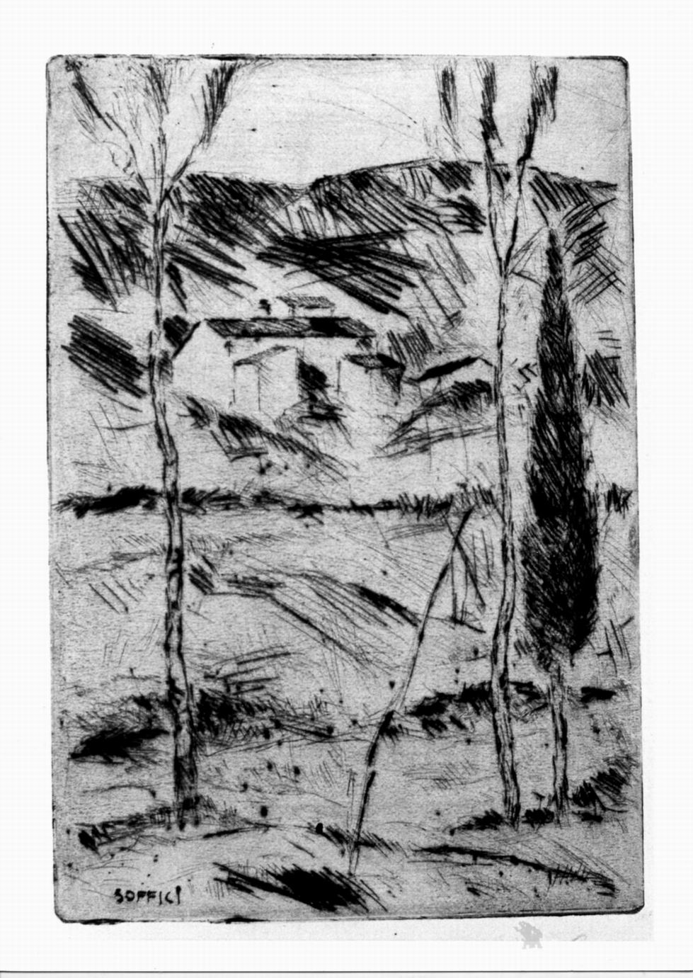 paesaggio toscano con collina ed alberi (stampa) di Soffici Ardengo (sec. XX)