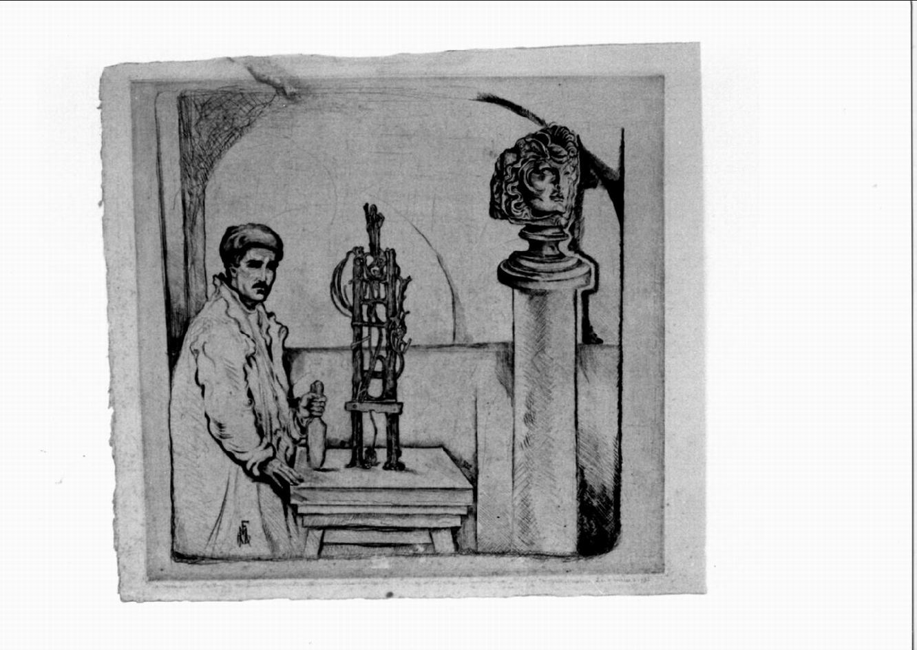 scultore nello studio con armatura e testa di Medusa su colonna (stampa) di Dal Molin Ferenzona Raoul (sec. XX)