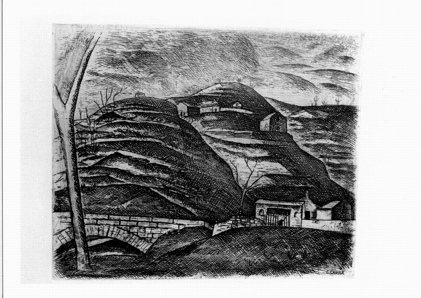 cengio, paesaggio con colline, ponte, case (stampa) di Carrà Carlo (sec. XX)