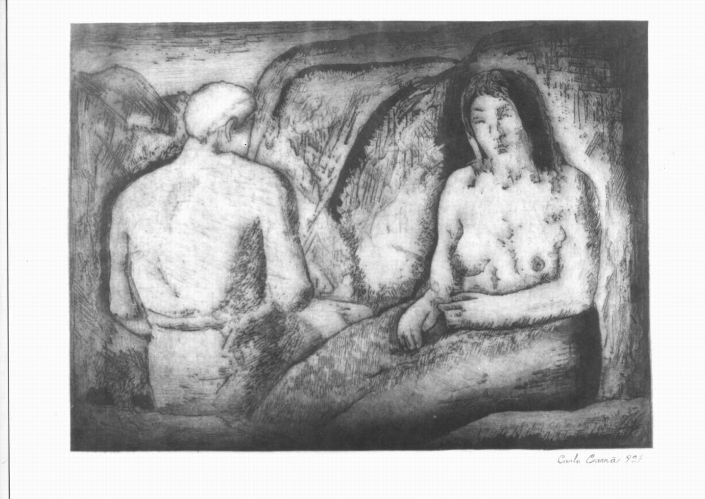 amanti, coppia seduta (stampa) di Carrà Carlo (sec. XX)