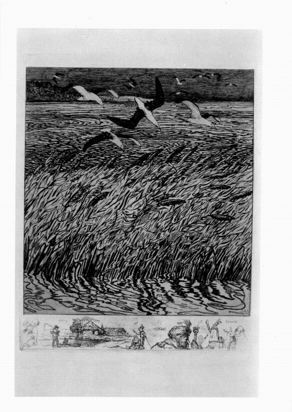 campo con gabbiani in volo e remarque con paesaggio e figure (stampa) di Stella Balsamo Guido (sec. XX)