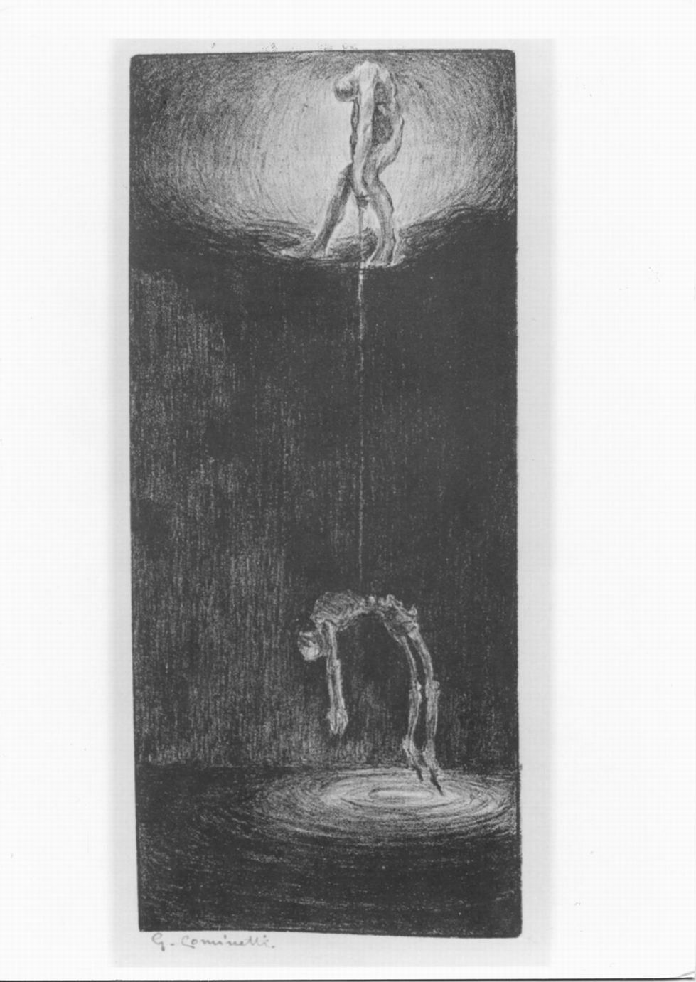 nudo maschile con una fune solleva scheletro dall'acqua (stampa) di Cominetti Giuseppe (sec. XX)