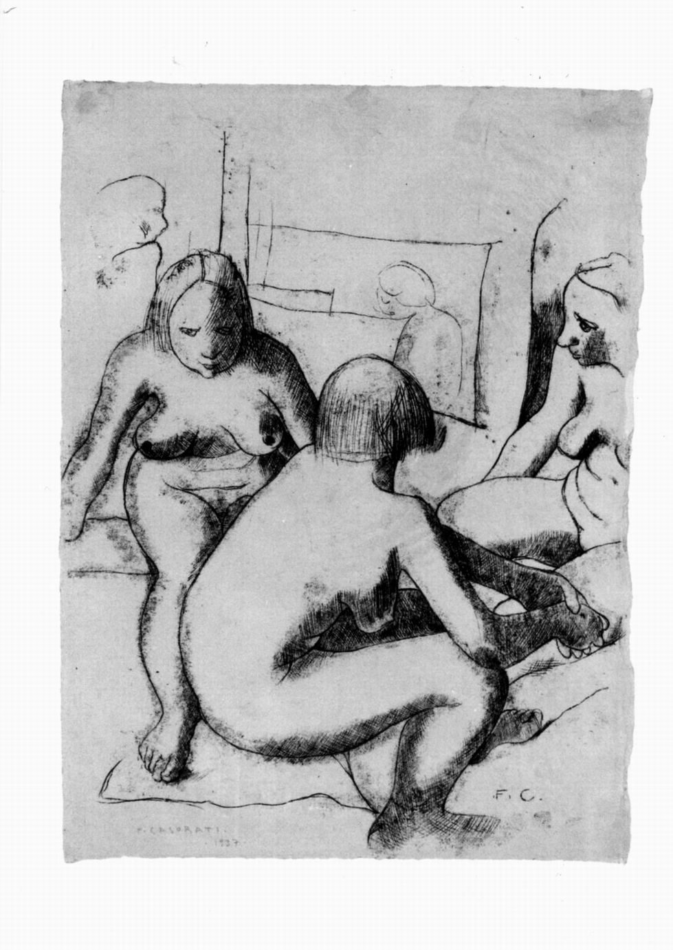 tre nudi femminili (stampa di invenzione ritoccata a mano) di Casorati Felice (sec. XX)