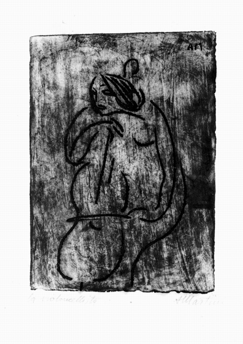 figura femminile seduta con violoncello (stampa) di Martini Arturo (sec. XX)