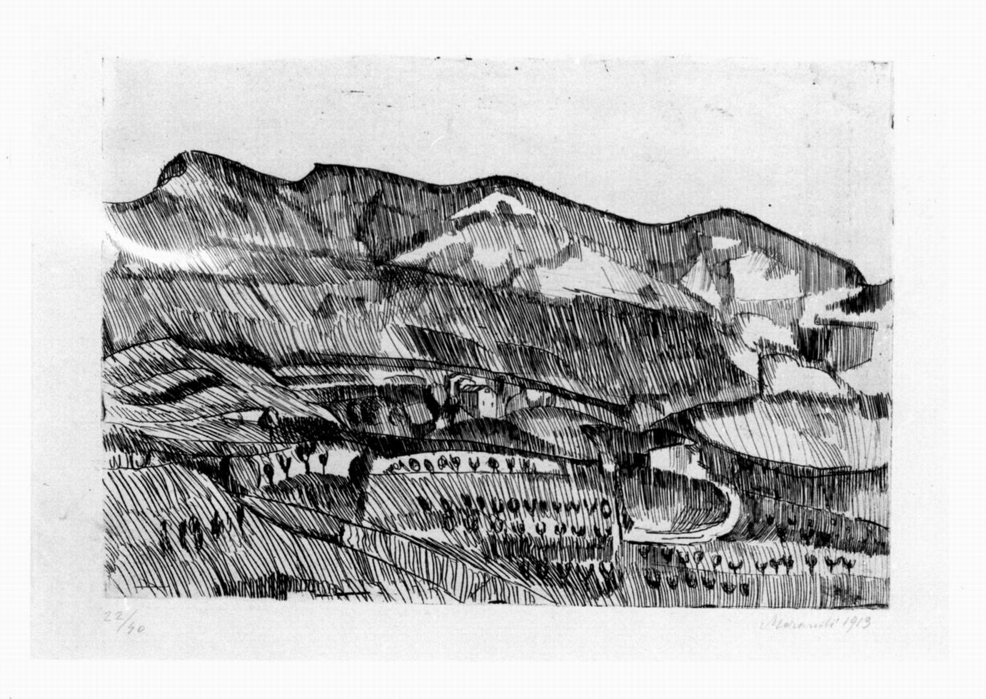 paesaggio. Grizzana, paesaggio con colline (stampa) di Morandi Giorgio (sec. XX)