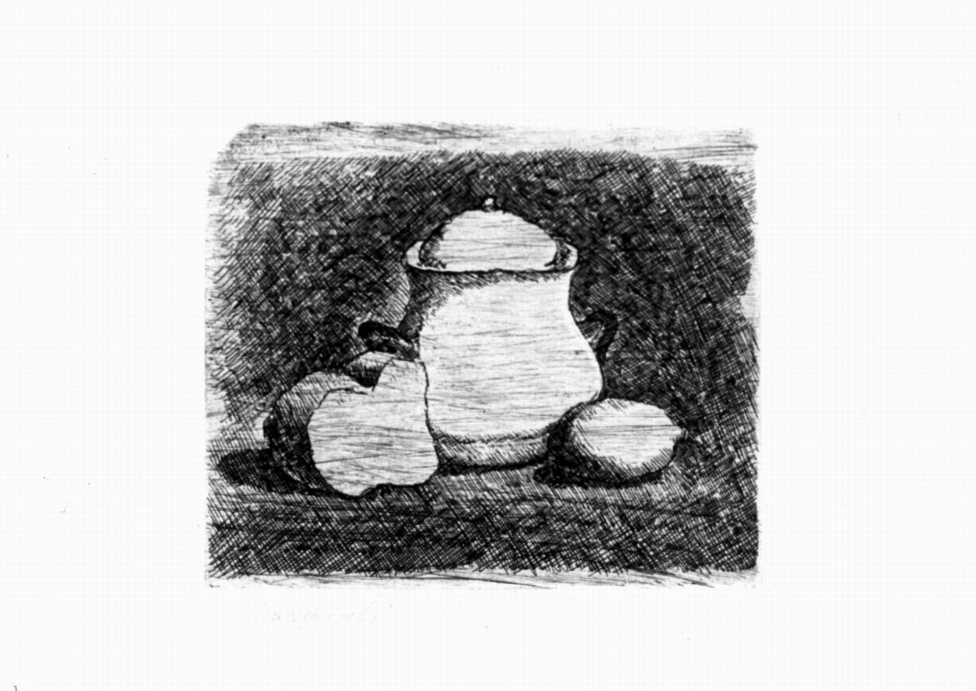 natura morta con zuccheriera, limone, pane, natura morta con zuccheriera, limone, pane (stampa) di Morandi Giorgio (sec. XX)