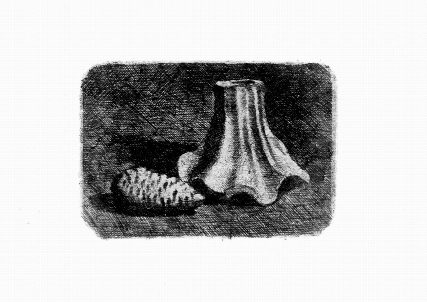natura morta con pigna e frammento di vaso, natura morta con pigna e frammento di vaso (stampa) di Morandi Giorgio (sec. XX)