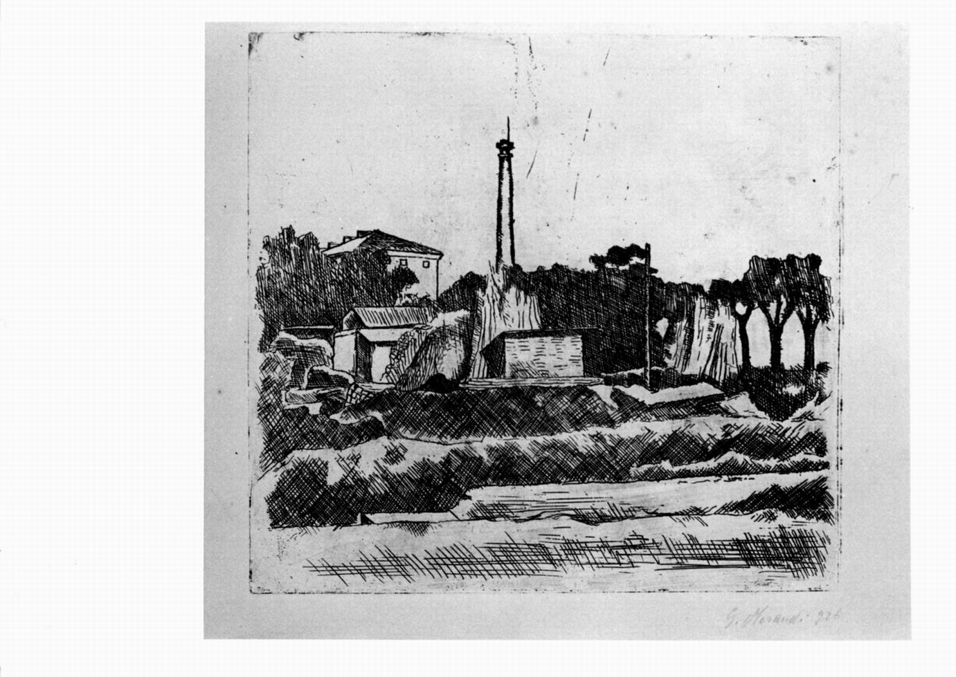 paesaggio con la ciminiera, paesaggio con ciminiera (stampa) di Morandi Giorgio (sec. XX)