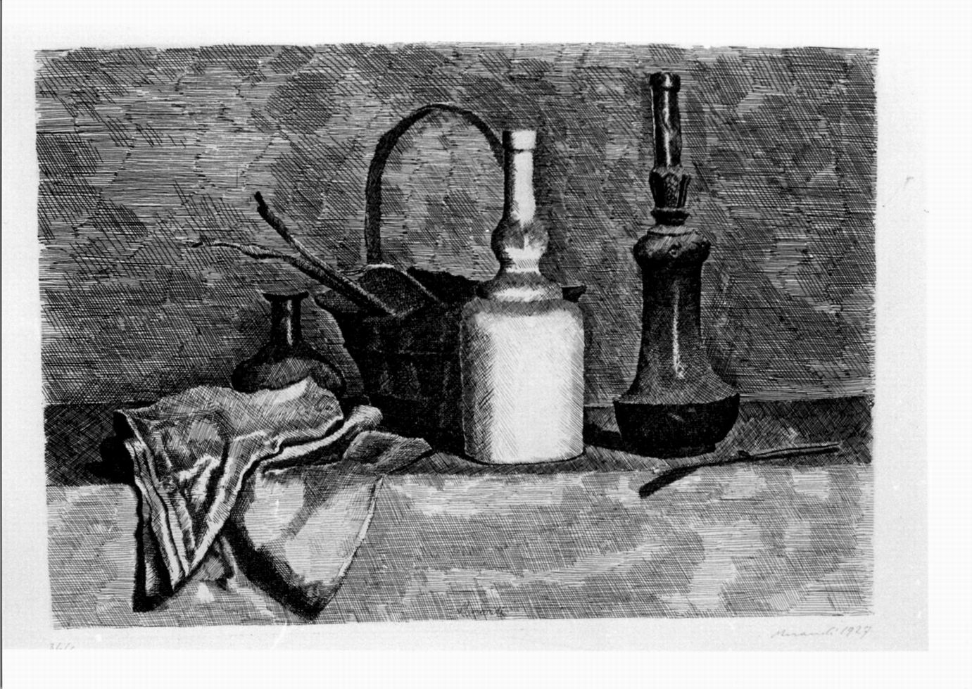 natura morta con il panneggio a sinistra, natura morta con bottiglia, cesto, panni (stampa) di Morandi Giorgio (sec. XX)