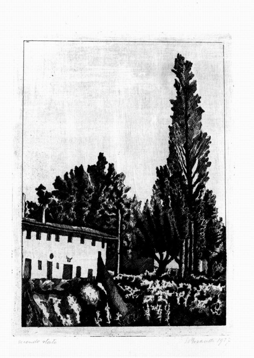 paesaggio con il grande pioppo, paesaggio con case ed alberi (stampa) di Morandi Giorgio (sec. XX)