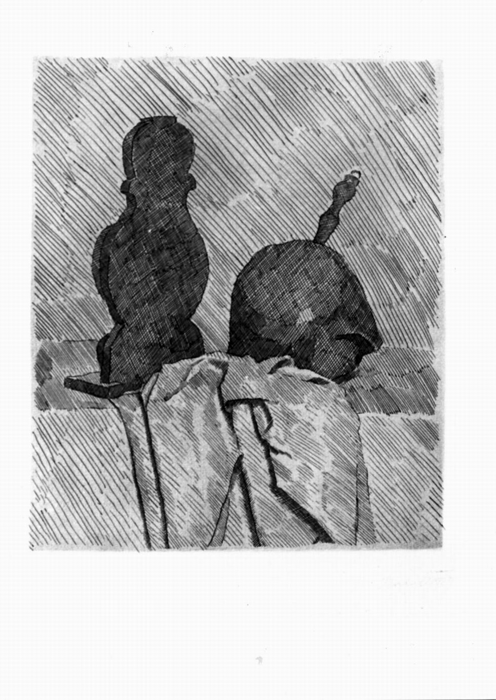 natura morta con due oggetti e un drappo su un tavolo, natura morta con due oggetti e un drappo su un tavolo (stampa) di Morandi Giorgio (sec. XX)