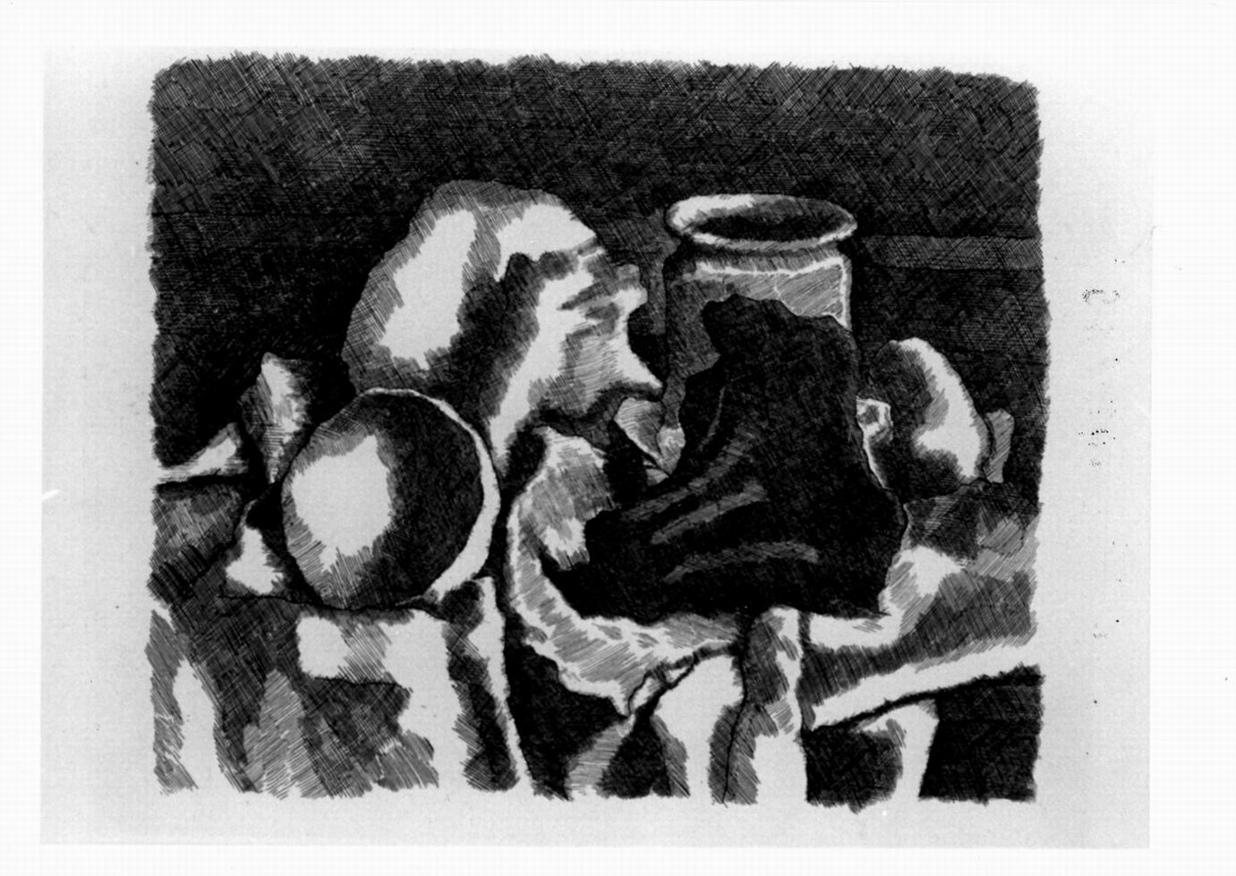 natura morta con panneggio, natura morta con vaso e panneggio (stampa) di Morandi Giorgio (sec. XX)