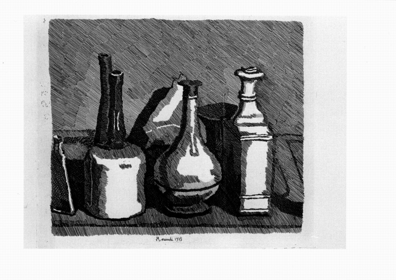 natura morta con bottiglie, natura morta con bottiglie (stampa) di Morandi Giorgio (sec. XX)