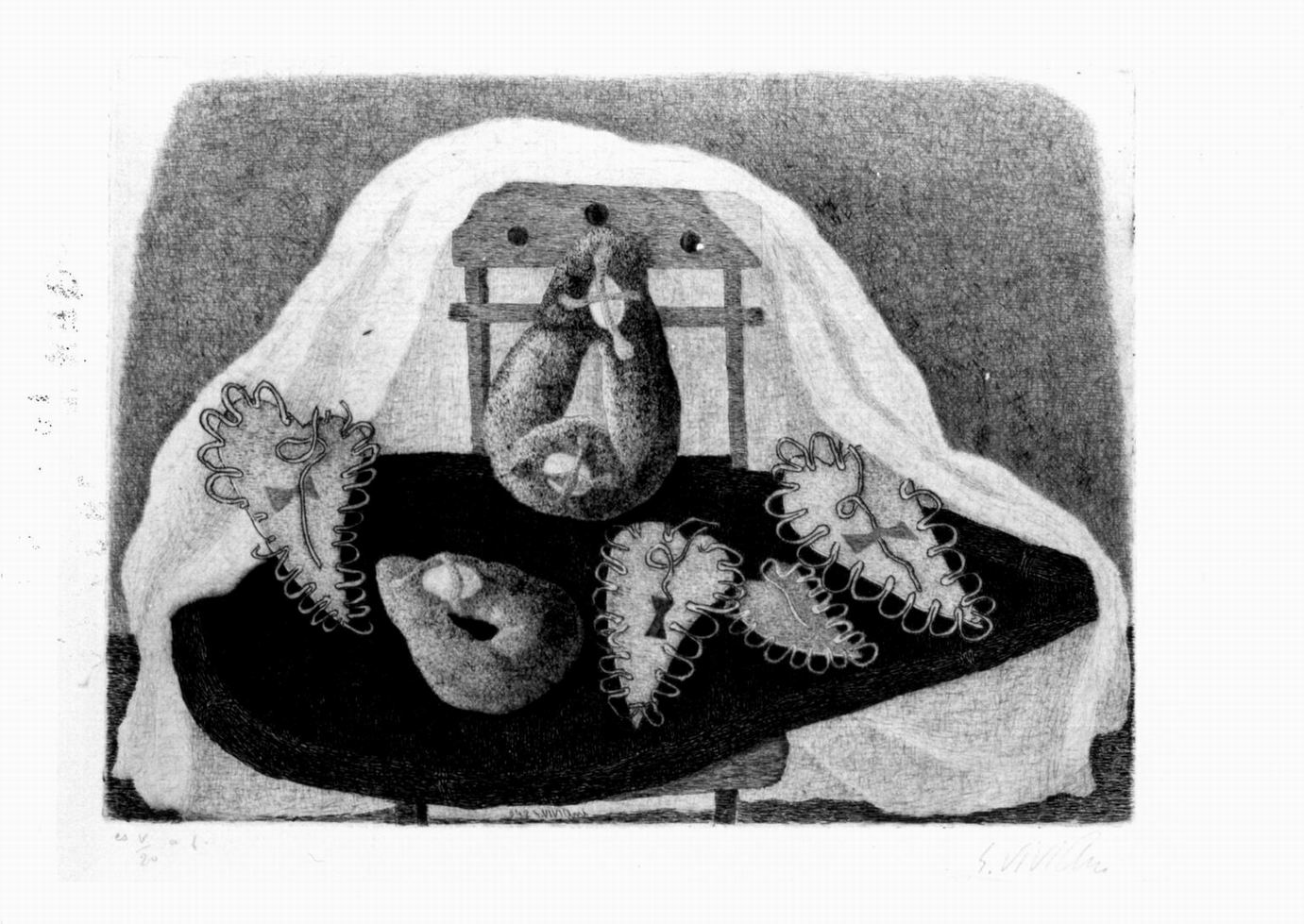 dolci e cuori, natura morta con cuori e dolci su tavolo e sedia con drappo (stampa) di Viviani Giuseppe (sec. XX)