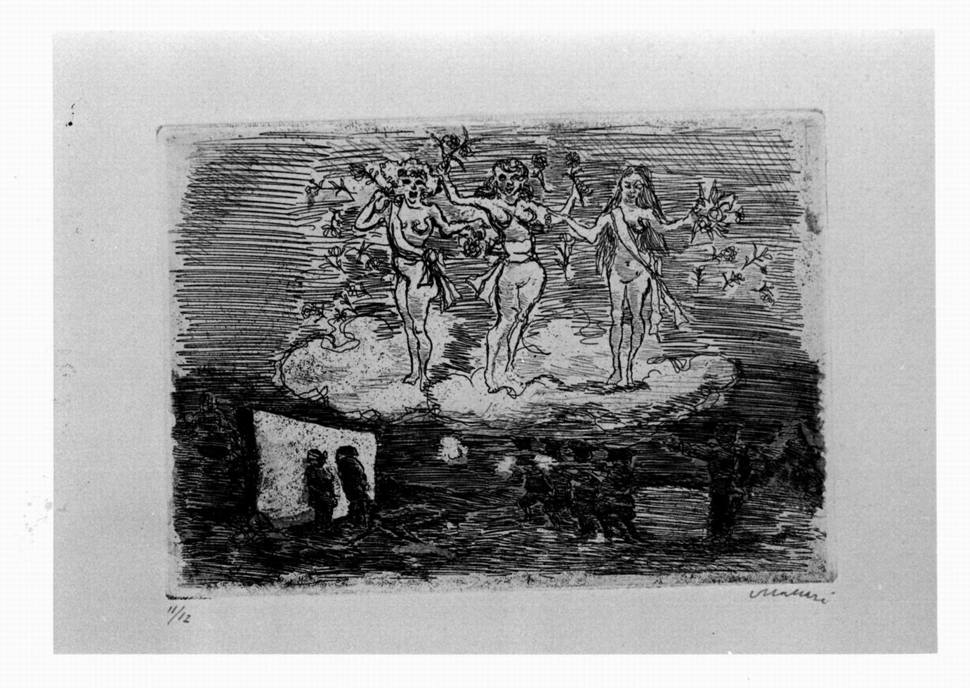 la gloria, scena di fucilazione con apparizione in cielo di tre nudi femminili con fiori (stampa) di Maccari Mino (sec. XX)