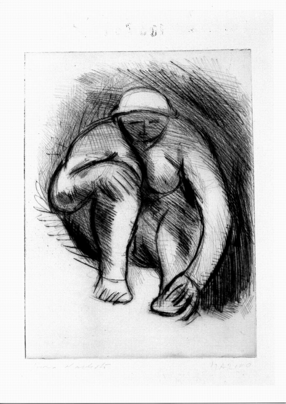 nudo accovacciato (stampa) di Marini Marino (sec. XX)