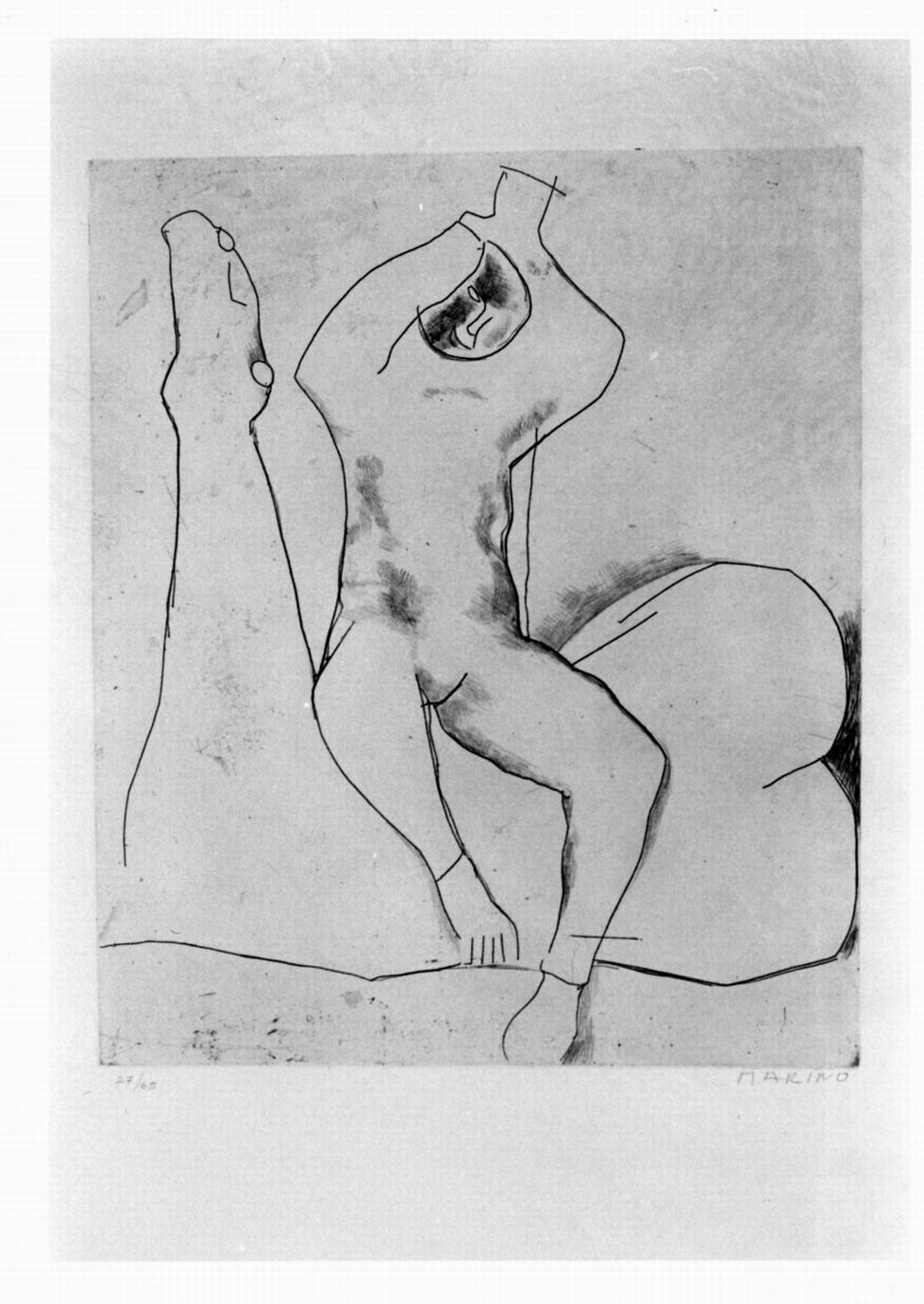 figura maschile seduta su cavallo accovacciato (stampa) di Marini Marino (sec. XX)