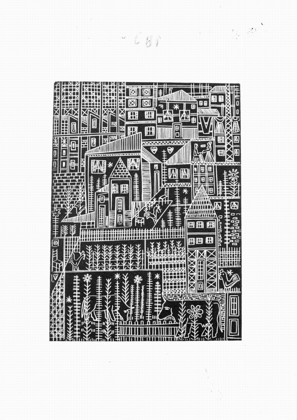 veduta di città con figure e animali (stampa) di Spacal Lojze (sec. XX)