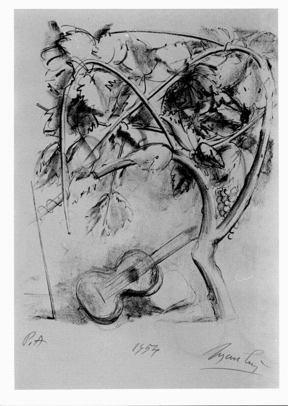 chitarra e vite con uva (stampa) di Manzù Giacomo (sec. XX)