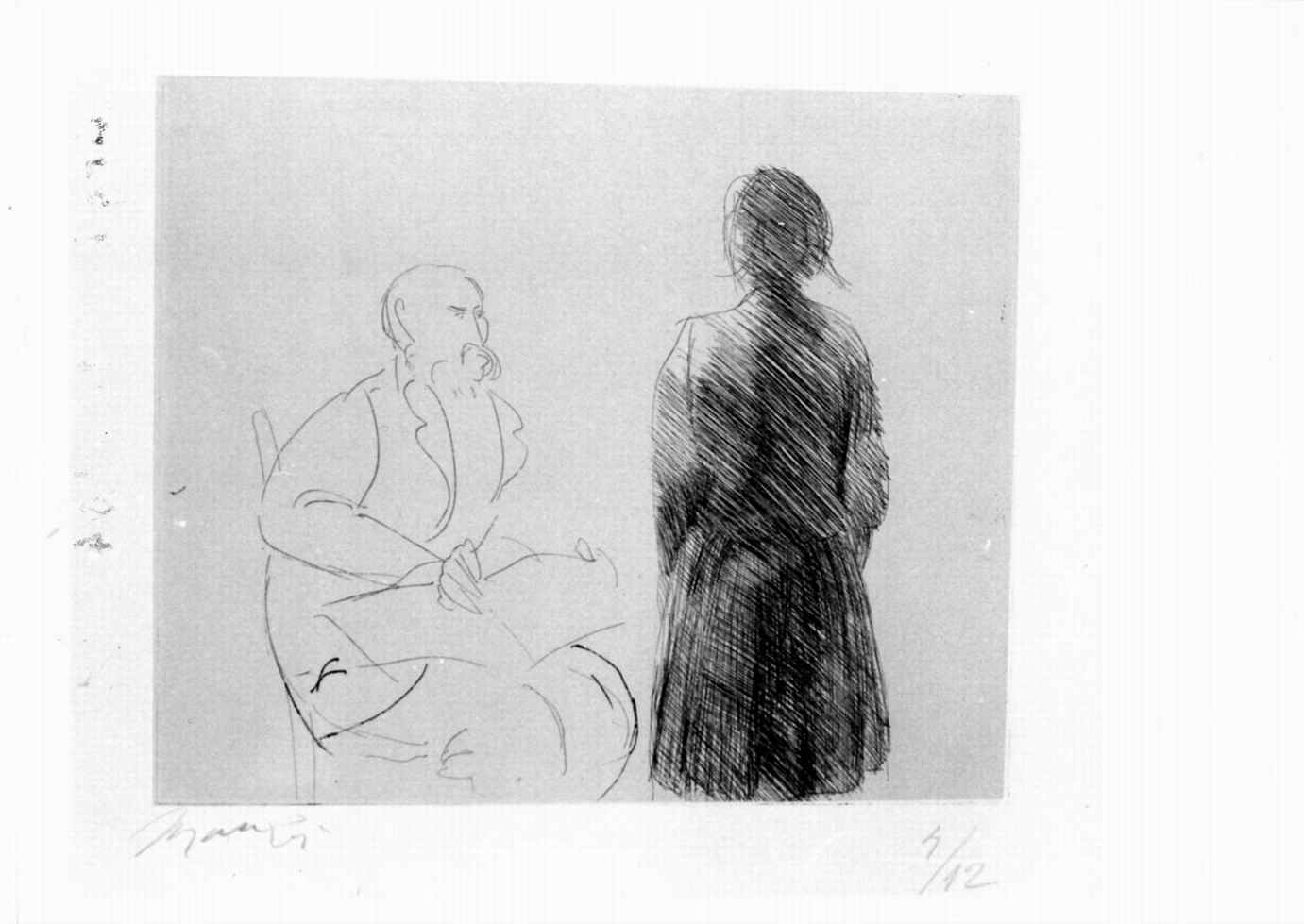 pittore con modella n. 1, figura maschile seduta e altra femminile in piedi (stampa) di Manzù Giacomo (sec. XX)