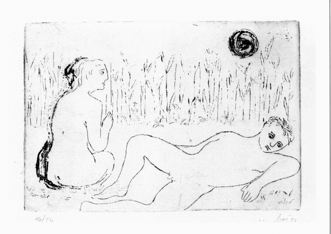 nudo maschile seduto e nudo femminile disteso in paesaggio (stampa) di Baj Enrico (sec. XX)