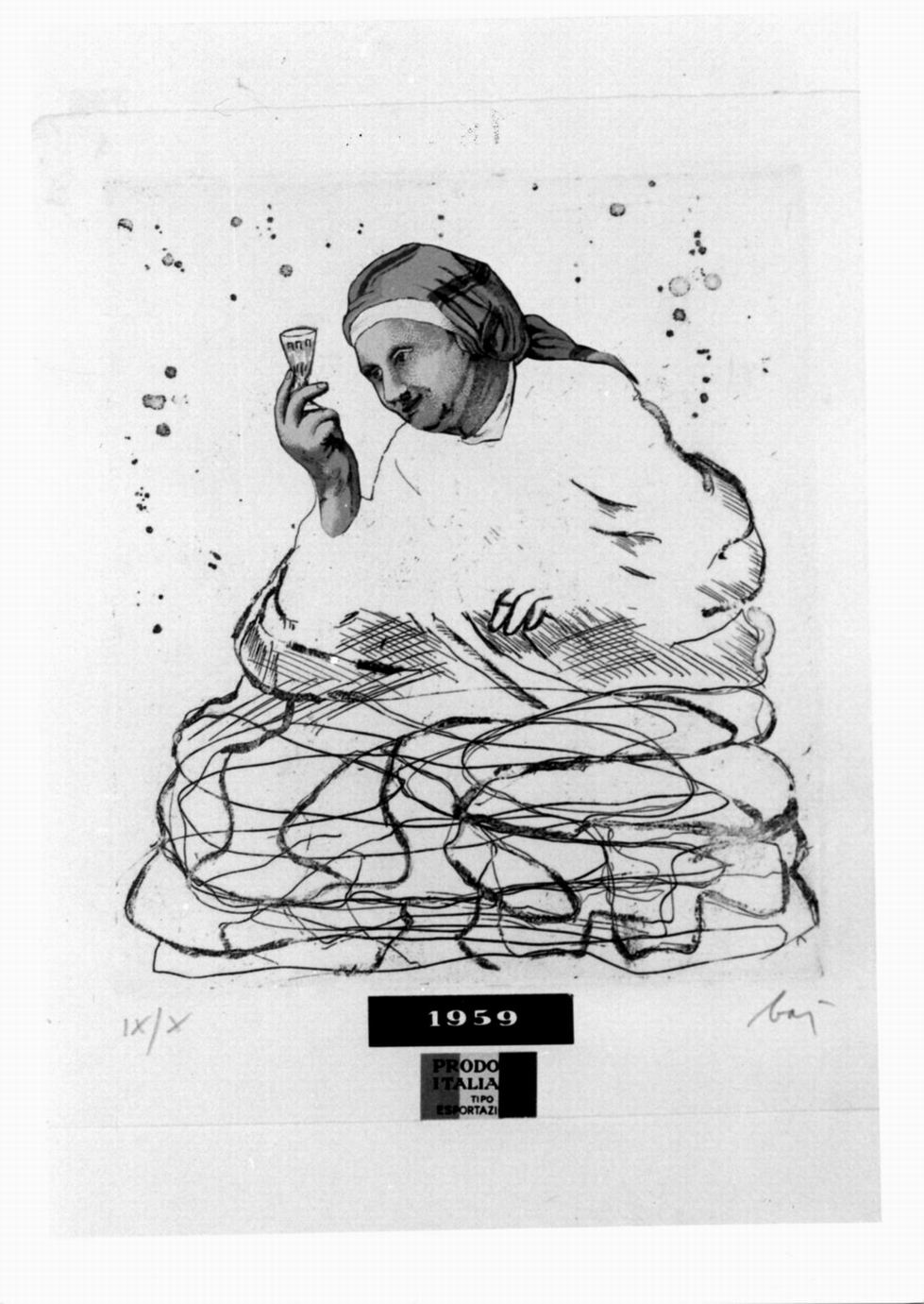 figura femminile con bicchiere in mano (stampa) di Baj Enrico (sec. XX)