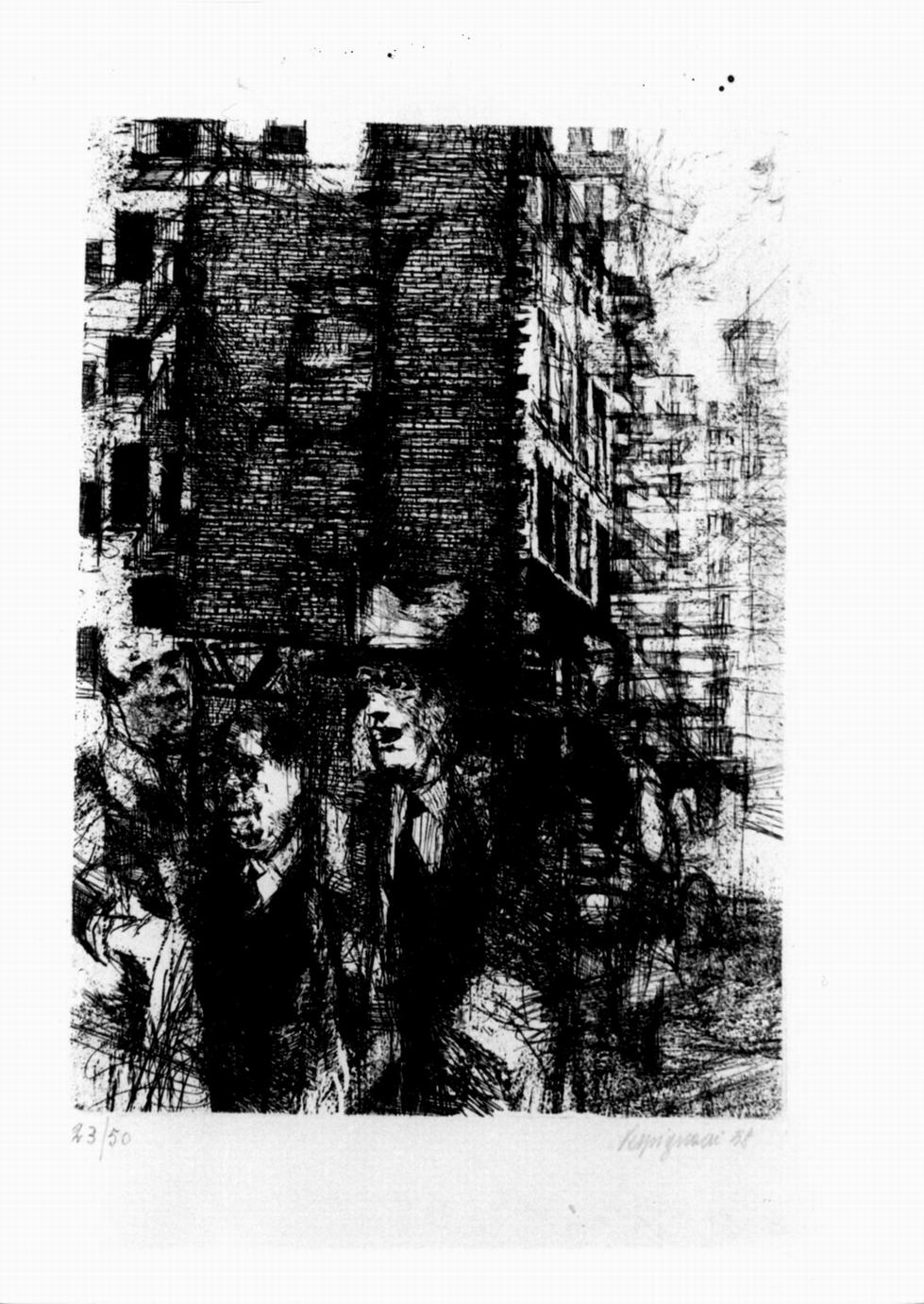 scorcio di città con figure (stampa) di Vespignani Lorenzo (sec. XX)