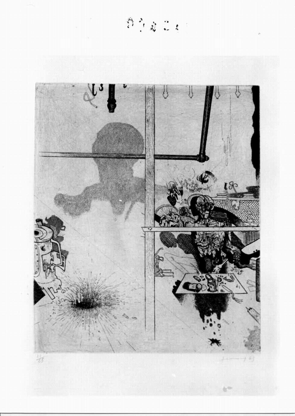 interno con figura, avanzi di cibo, stufa (stampa) di Ferroni Gianfranco (sec. XX)