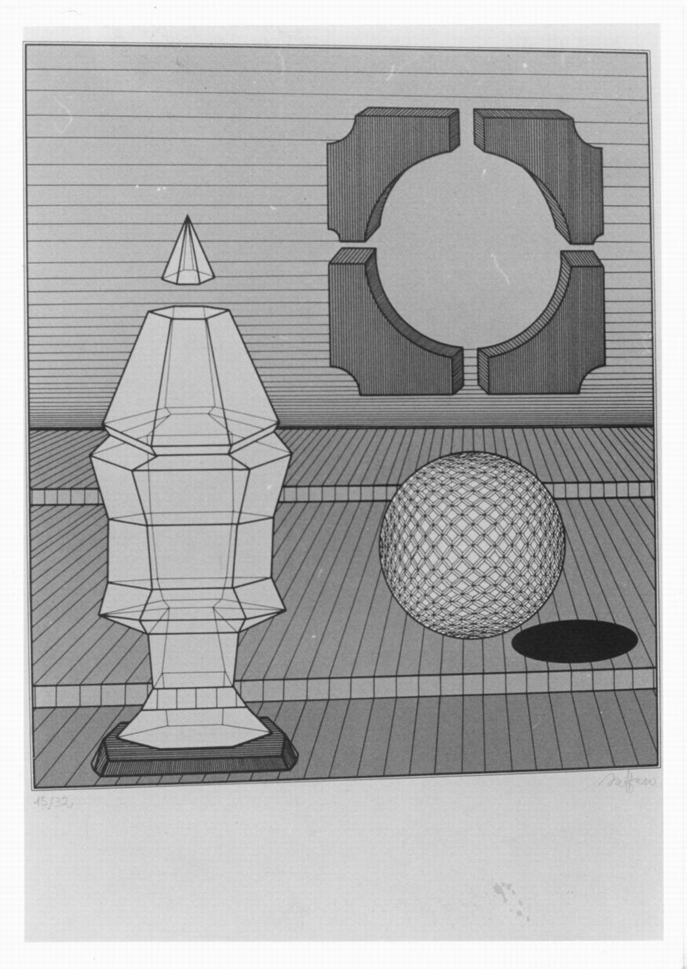 il Graal, composizione con poliedri (stampa) di Saffaro Lucio (sec. XX)