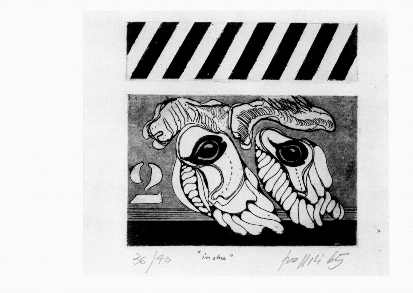 composizione con strisce diagonali e cifra 2 (stampa) di Pozzati Concetto (sec. XX)