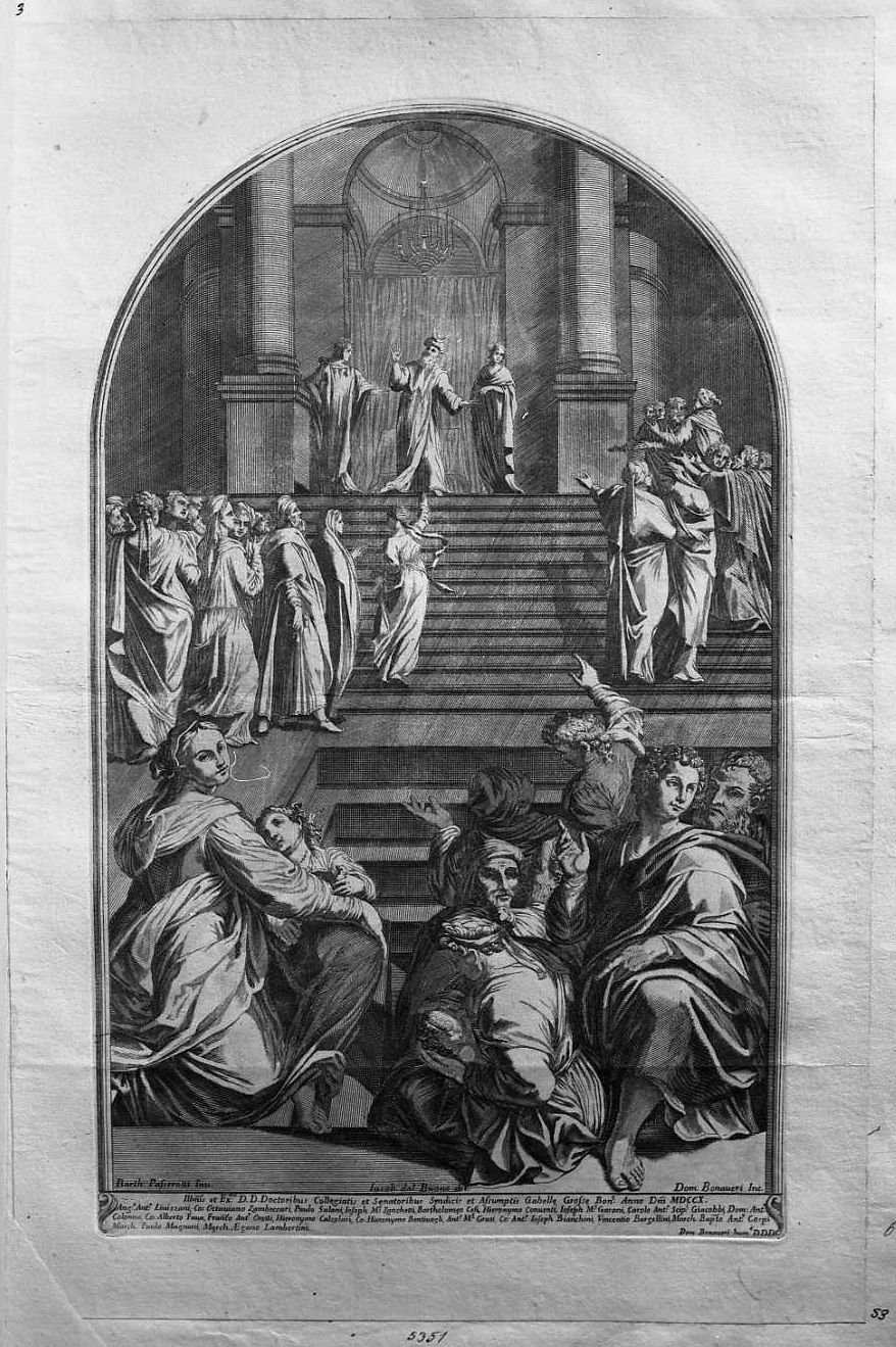 La presentazione della Vergine al tempio, presentazione di Maria Vergine al tempio (stampa tagliata) di Bonaveri Domenico Maria (secc. XVII/ XVIII)
