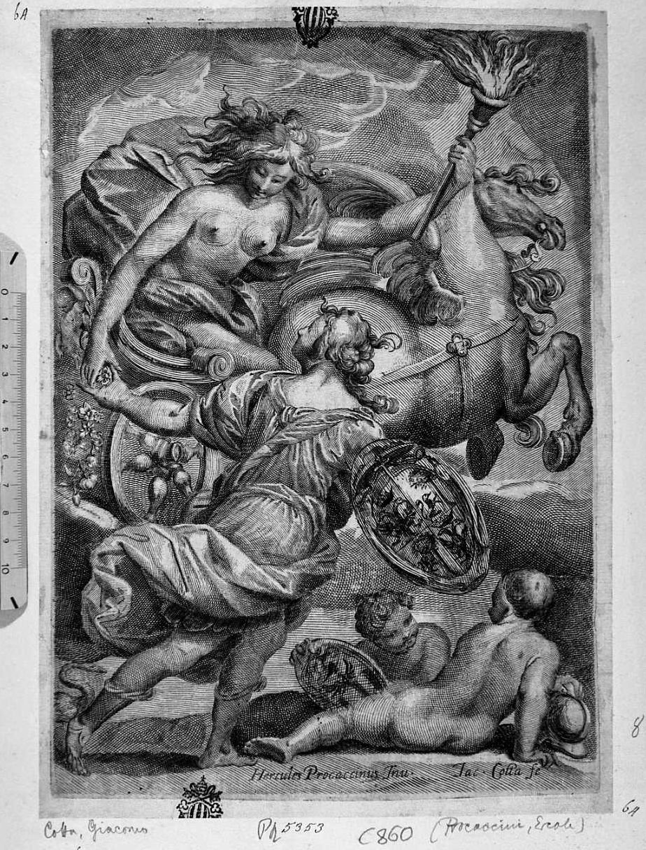 Scena allegorica, allegoria della Fortezza (stampa tagliata) di Cotta Giacomo (sec. XVII)