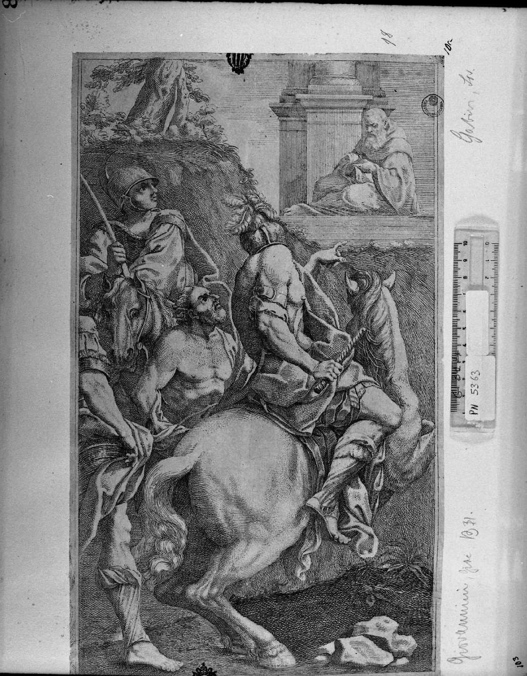 Cavalieri che visitano san Benedetto in solitudine, storie della vita di San Benedetto (stampa tagliata) di Giovannini Giacomo (secc. XVII/ XVIII)