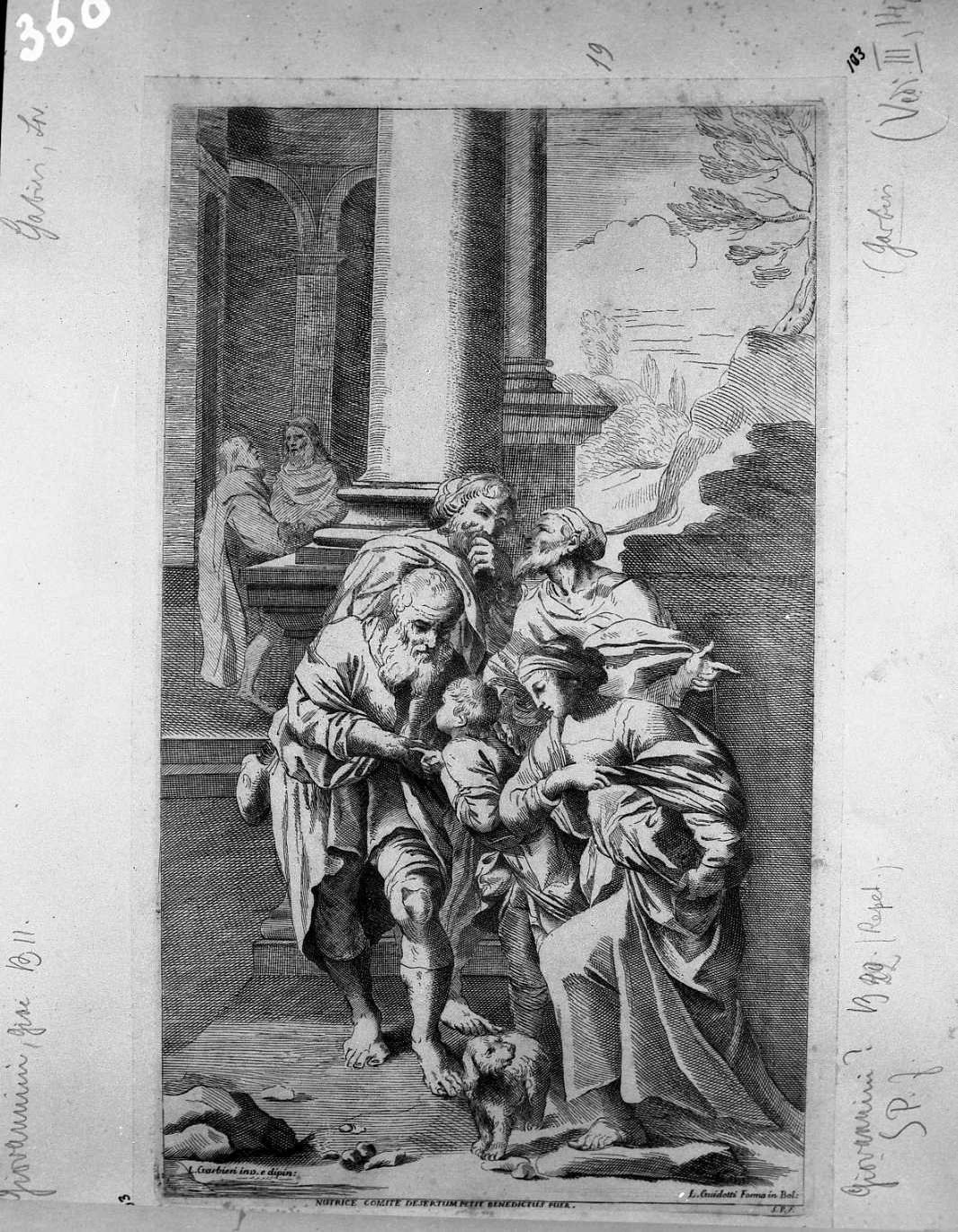 San Benedetto fanciullo s'incammina verso il deserto, storie della vita di San Benedetto (stampa tagliata) di Pacini Sante (sec. XVIII)