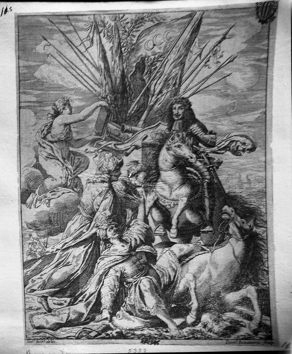 Apoteosi di un trionfatore dei turchi, imperatore in trionfo (stampa tagliata) di Bonaveri Domenico Maria (secc. XVII/ XVIII)